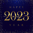 Merry Christmas and A Happy New Year 2023 square golden congrats. Decorative text. Shiny snowy bg. Abstract isolated graphic design template. 20 23 digits with gold gradient. Beautiful creative idea.