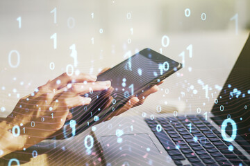 Wall Mural - creative concept of binary code illustration and finger clicks on a digital tablet on background. bi