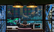 Back side of sitting businessman who is looking at stock market exchange graph over the cityscape on the big screen background and desktop computer with tablet showing the trading graph, trade concept