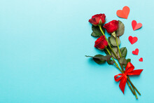 Valentine Day Composition With Rose Flower And Red Heart On Table. Top View, Flat Lay, Copy Space Holiday Concept