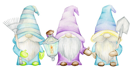 cute dwarfs, with a shovel, rake and lantern. Watercolor concept, in cartoon style, on an isolated background.