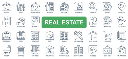 Fototapete - Real estate concept simple line icons set. Pack outline pictograms of dream house, rent, sale, loan, mortgage, renovation, insurance, deal and other. Vector symbols for website and mobile app design