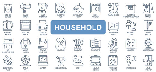 Leinwandbilder - Household concept simple line icons set. Pack outline pictograms of kitchen, scales, mixer, blender, electric hob, dishwasher, table, kettle and other. Vector symbols for website and mobile app design