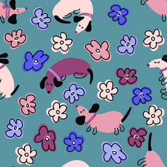 Hand drawn seamless pattern with dachshunds and flowers. Perfect for T-shirt, postcard, textile and print. Doodle vector illustration for decor and design.
