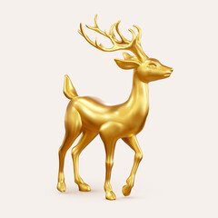 Poster - Vector Illustration of Golden 3D Deer Figurine. Template Banner, or Greetings Card on White Background