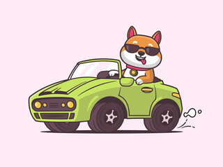 Wall Mural - Cool shiba inu dog driving a green muscle car funny vector cartoon illustration