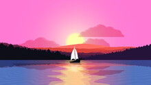 Mountain Silhouettes With Sun, Forest, Lake And Sailing Boat. Peaks In Sunset. Mountain Landscape . Summit And Sunset Logo .Vector