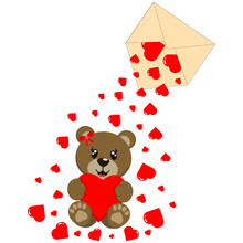 Cute Bear With Hearts. Romantic Valentine's Day Card With Cute Bear And Hearts Falling Out Of Envelope.Vector Illustration On White Background.