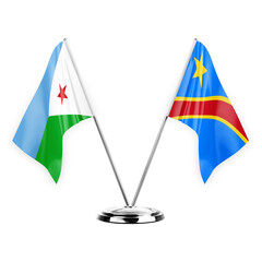 Two table flags isolated on white background 3d illustration, djibouti and dr congo