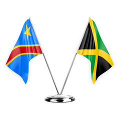 Two table flags isolated on white background 3d illustration, dr congo and jamaica