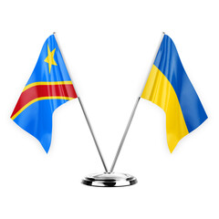 Two table flags isolated on white background 3d illustration, dr congo and ukraine