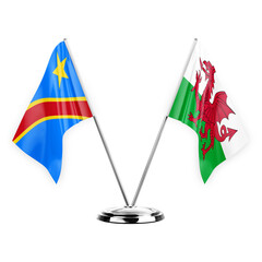 Two table flags isolated on white background 3d illustration, dr congo and wales