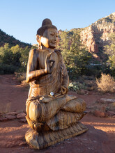 Carved Wood Shakyamuna Buddha Statue At Amitabha Stupa And Peace Park In Sedona, Arizona
