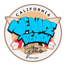 Venice Beach Surfing Theme Logo In Retro Style. Vector Illustration.