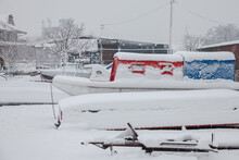 Boats & Ships, Fishing Ships, Standing On The Riverbanks Of The River Tamis In Pancevo, Serbia During A Cold Snowing Winter In A Snowstorm...