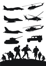 Vector Silhouettes Of US Military Aircraft, Aircraft, Helicopters And Military Tanks And American Soldiers In Combat Positions.