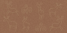 Horizontal Textured Background With Animal Silhouettes In The Doodle Style. Deer And Plants. Vector Brown Backdrop With Turing Texture. For Banners, Posters, Wallpapers, Etc.