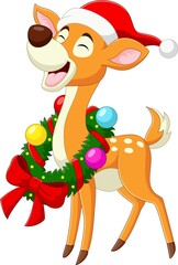 Poster - Cute smiling deer cartoon with christmas wreath