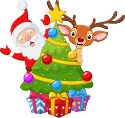 Poster - Happy santa claus with reindeer in a christmas tree and presents