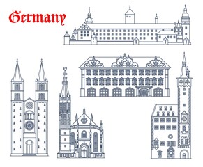 Wall Mural - Germany, Wurzburg architecture buildings and travel landmarks, vector churches. Marienkapelle or St Mary chapel church, Marienberg Festung Fortress, Haus zum Falken or Falkenhaus and Saint Kilians Dom