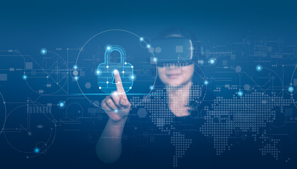 Fototapete - woman wearing VR glasses virtual Global Internet connection metaverse, information security and encryption, secure access to user's personal information, secure Internet access, cybersecurity..