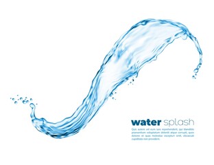 Wall Mural - Isolated transparent clean water wave swirl with drops. 3d vector splash of blue liquid on white background, clear aqua or drink water abstract splatter with realistic ripple and falling drops