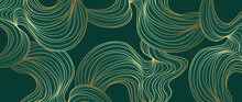 Luxury Green Abstract Arts Background Vector. Gold And Emerald Line Art Design For Wallpaper, Wall Arts, Prints, Cover, Fabric And Packaging Background. Vector Illustration.
