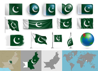 Wall Mural - pakistan flags of various shapes and country map set. realistic pakistani waving flags, glossy butto