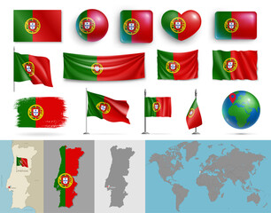Wall Mural - portugal flags of various shapes and country map set. realistic portuguese flags, glossy buttons in 