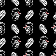 Chinese Jumping Vampire Ghost Head And Coffin Seamless Pattern