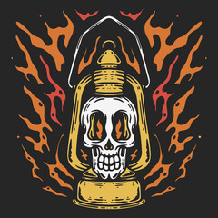 Poster - illustration of lamp with oil skull cover with fire i