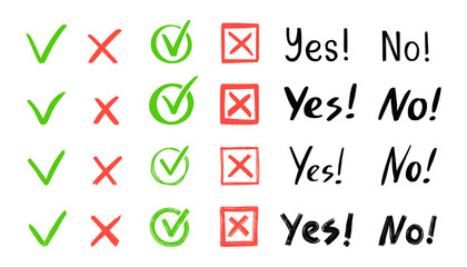 Aufkleber - Green check and red cross mark set. Hand drawn doodle sketch style. Vote, yes, no drawn concept. Checkbox, cross mark with square, circle element. Vector illustration.