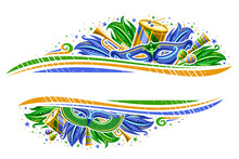 Vector Border For Brazil Carnival With Copy Space, Horizontal Invitation With Illustration Of Carnival Symbols, Musical Instruments, Blue And Green Decorative Feathers For Carnival In Rio De Janeiro