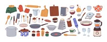 Kitchenware Set. Kitchen Utensils, Tools, Equipment And Cutlery For Cooking. Cook Appliances And Accessories Collection. Flat Vector Illustrations Of Cookware Objects Isolated On White Background
