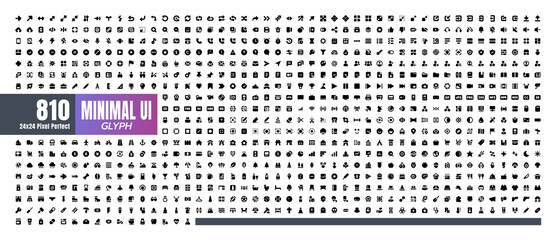 24x24 Pixel Perfect. Basic User Interface Essential Set. 810 Solid Glyph Icons. For App, Web, Print. Round Cap and Round Corner.
