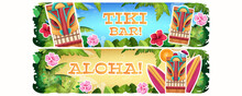 Banners With Traditional Wooden Tribal Mask, Tropical Hawaii Exotic Plants And Flowers. Invitation Posters For Hawaiian Aloha Party With Tiki Bar On White Background. Cartoon Vector Illustration.