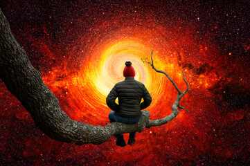 Wall Mural - man observes the universe on the trunk of a large tree
