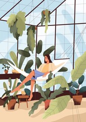 Wall Mural - Person relaxing in home greenhouse among potted plants. Happy woman on hammock in green house at leisure. Female resting in glass winter garden with houseplants, urban jungle. Flat vector illustration