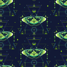 Vector Seamless Pattern With Green Butterflies And Stars. Geometry Composition. Trendy Texture For Print, Textile, Packaging.