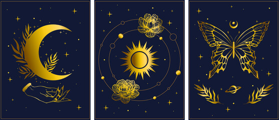 Beautiful vector set illustration of butterfly, crescent, sun in golden colors. Mystical and magical, astrology illustration.