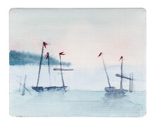 Handcrafted Miniature With Fishing Boats In Sea On Sunset Hand Drawn By Watercolors On White Textured Paper Isolated On White Background