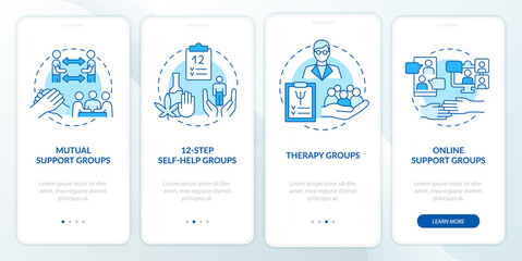 Health related support groups blue onboarding mobile app screen. Therapy walkthrough 4 steps graphic instructions pages with linear concepts. UI, UX, GUI template. Myriad Pro-Bold, Regular fonts used