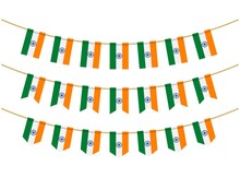 India Flag On The Ropes On White Background. Set Of Patriotic Bunting Flags. Bunting Decoration Of India Flag