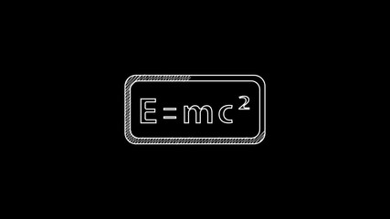 Poster - White line Math system of equation solution icon isolated on black background. E equals mc squared equation on computer screen. 4K Video motion graphic animation