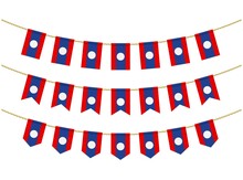 Laos Flag On The Ropes On White Background. Set Of Patriotic Bunting Flags. Bunting Decoration Of Laos Flag