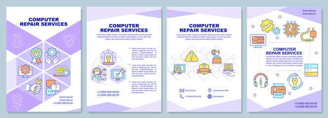 Computer repair services brochure template. Troubleshooting. Booklet print design with linear icons. Vector layouts for presentation, annual reports, ads. Arial-Black, Myriad Pro-Regular fonts used