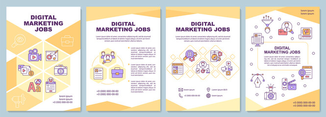 Digital marketing jobs yellow brochure template. Ad content. Booklet print design with linear icons. Vector layouts for presentation, annual reports, ads. Arial-Black, Myriad Pro-Regular fonts used