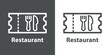 Logo comida online. Icono ticket con cubiertos con texto Restaurant con líneas en fondo gris y fondo blanco