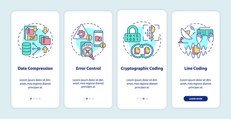 Types of coding onboarding mobile app screen. Software walkthrough 5 steps graphic instructions pages with linear concepts. UI, UX, GUI template. Myriad Pro-Bold, Regular fonts used