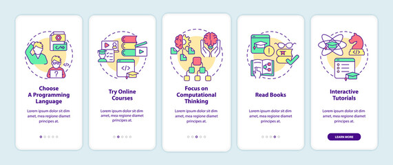 How to learn to code onboarding mobile app screen. Education walkthrough 5 steps graphic instructions pages with linear concepts. UI, UX, GUI template. Myriad Pro-Bold, Regular fonts used